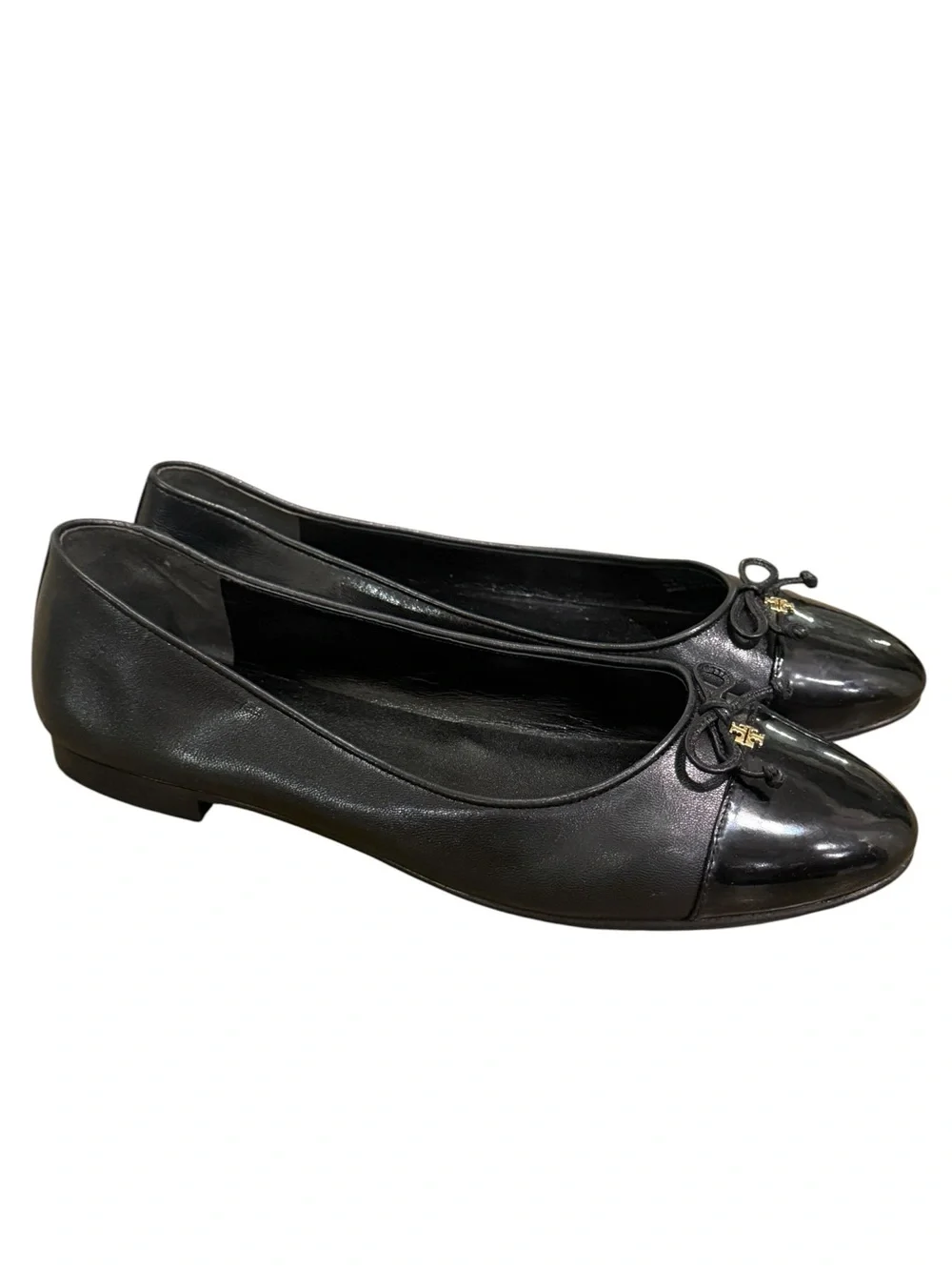 Tory BurchCap Toe Bow Gold Logo Ballet Flats Womens Sz 10 M Perfect Black $275